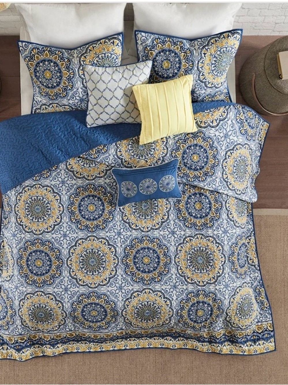 Madison Park Blue and Yellow Medallion Quilt Set